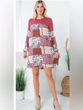 🍁New Fall🍁 Long Sleeve Paisley Floral Patch Relaxed Fit Dress